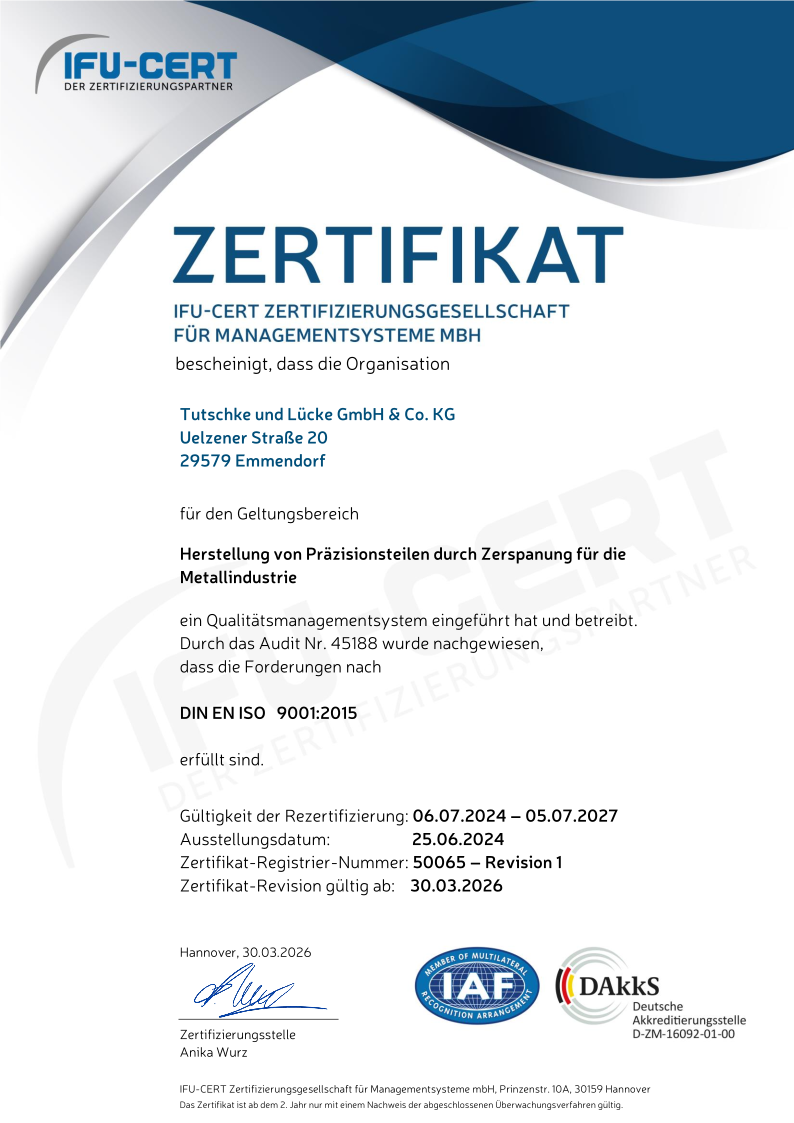 ISO 9001 Zertifikat Tutschke und Lücke